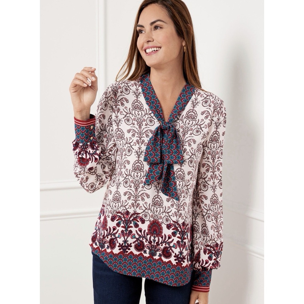 Talbots Tie Neck Soft Top Blouse Damask Border Bow White Red Blue Size M
